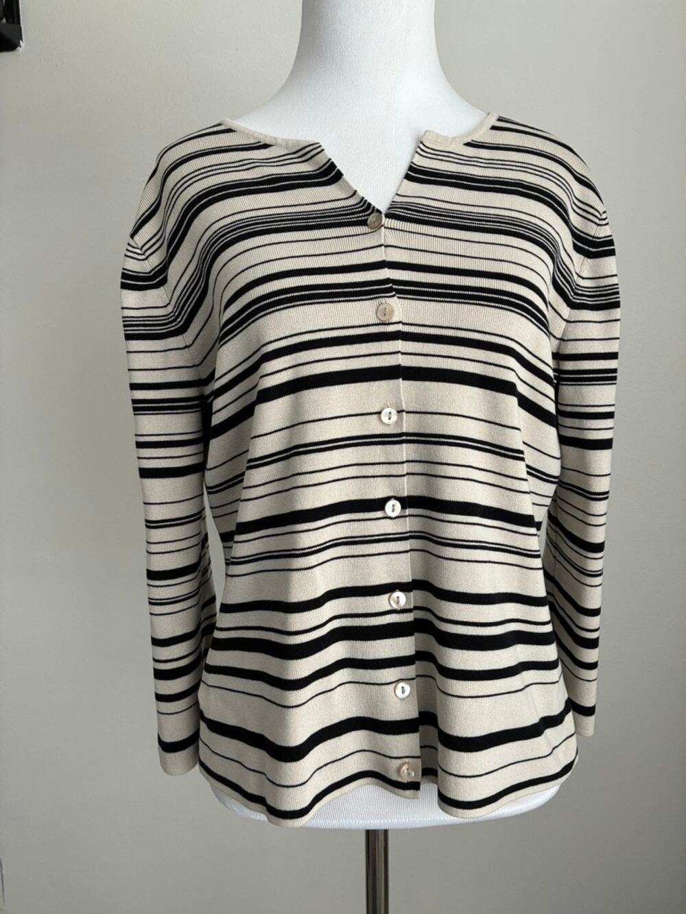 Geoffrey Beene Sport L 70% Silk Cardigan Black Cream Stripe 3/4 Sleeve